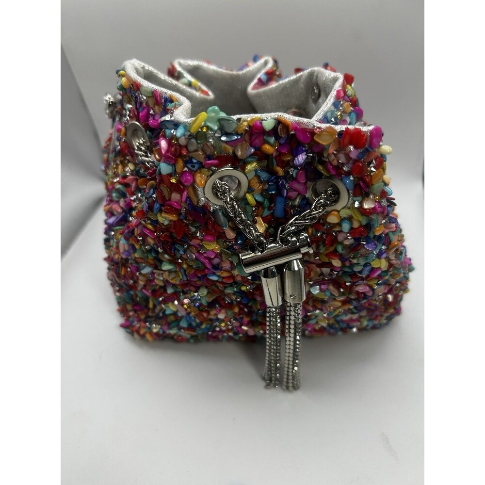 Multicolor Rhinestone Top Handle Mini Bag Chain Strap Drawstring Evening Purse - Picture 1 of 8